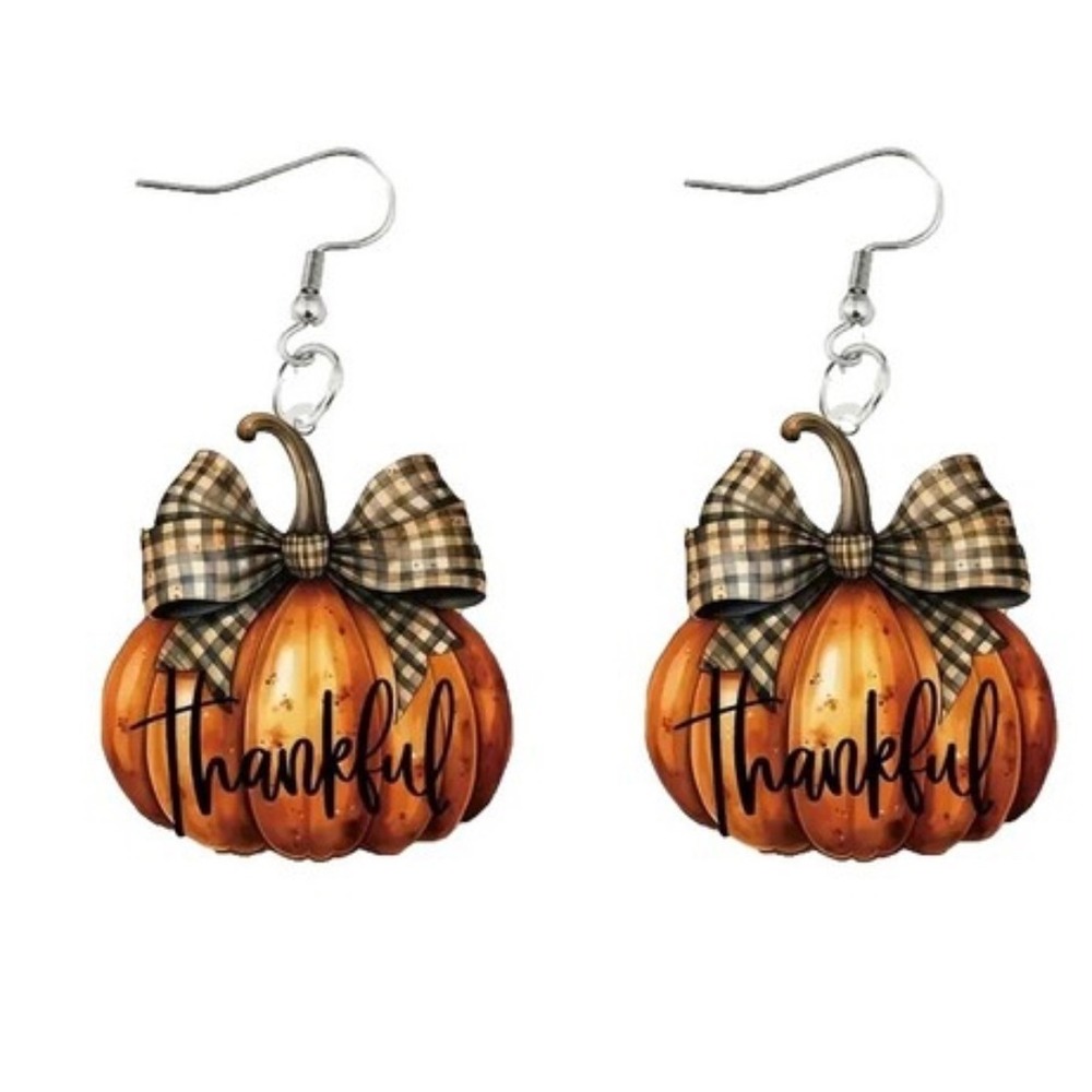 Pumpkin‎ Dangle Earrings Women OS Orange Thankful Plaid Bow Fall Jewelry